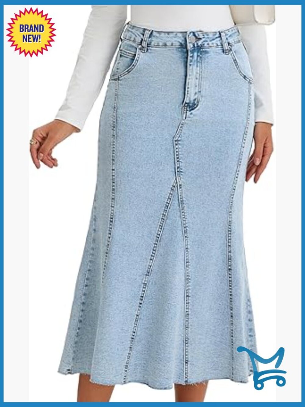 Fishtail Long Jean Skirt High Waisted Stretchy Fit and Flare Midi Denim Skirt